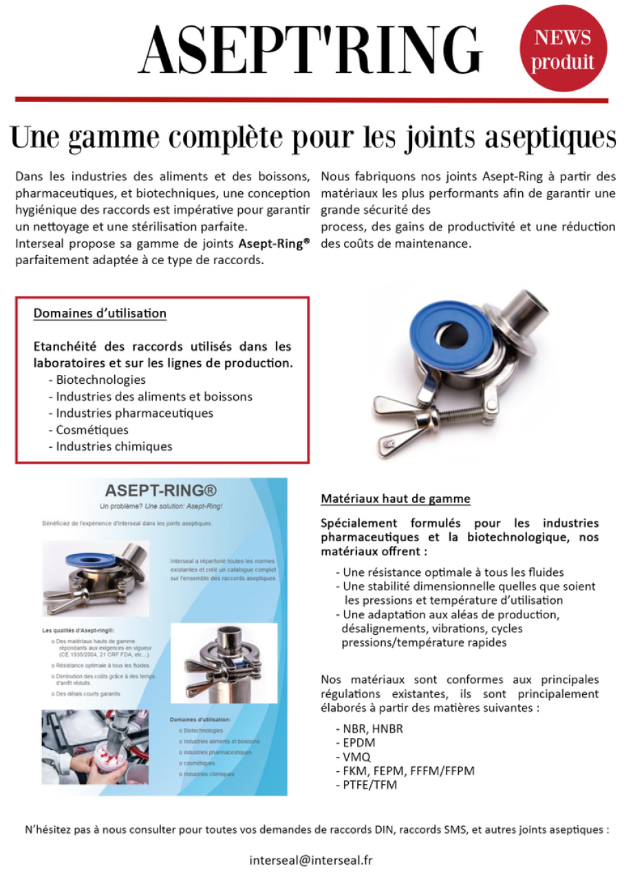 Asept'ring, raccord sms, raccord din, clamp, joint aseptique, iso2852, Gylon®
